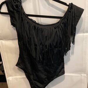Black fringed one piece swimsuit. Size 12